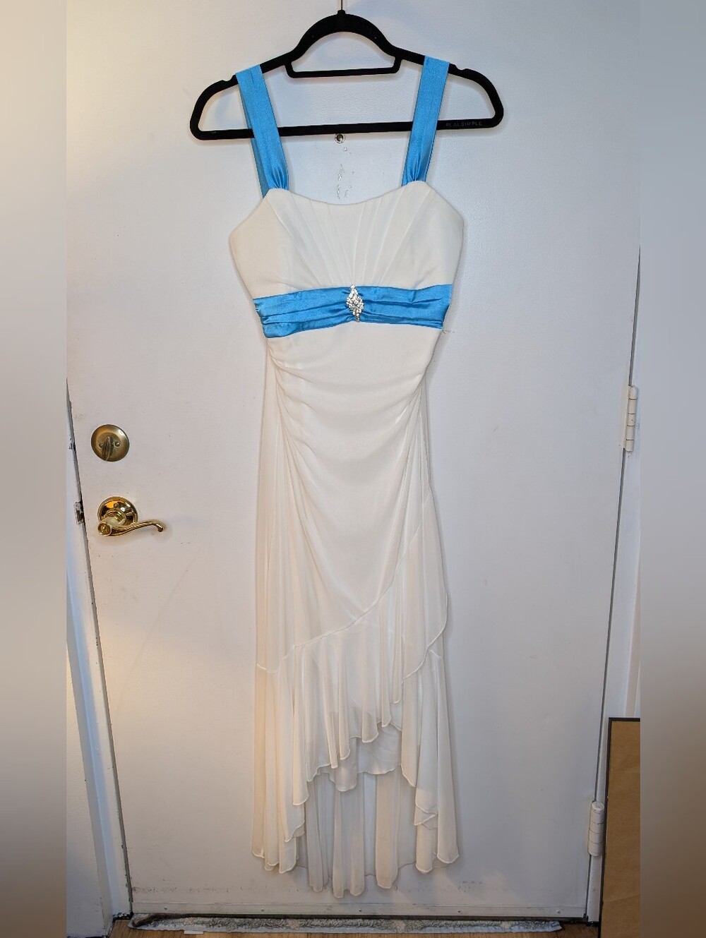 Vintage Y2K Dub White High-low Asymmetrical Ruffled Rude Blue Sash Dress Size Me